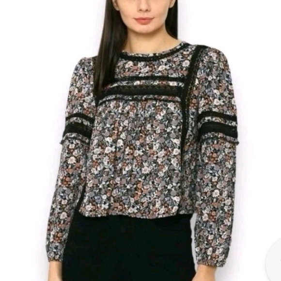 American Eagle Boho Floral Lace Long Sleeve Blouse Black  Whimsigoth Dark Fairy - Picture 1 of 16